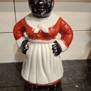 Vintage Ceramic Black American Mammy Spoon Holder Figurine - Red and White